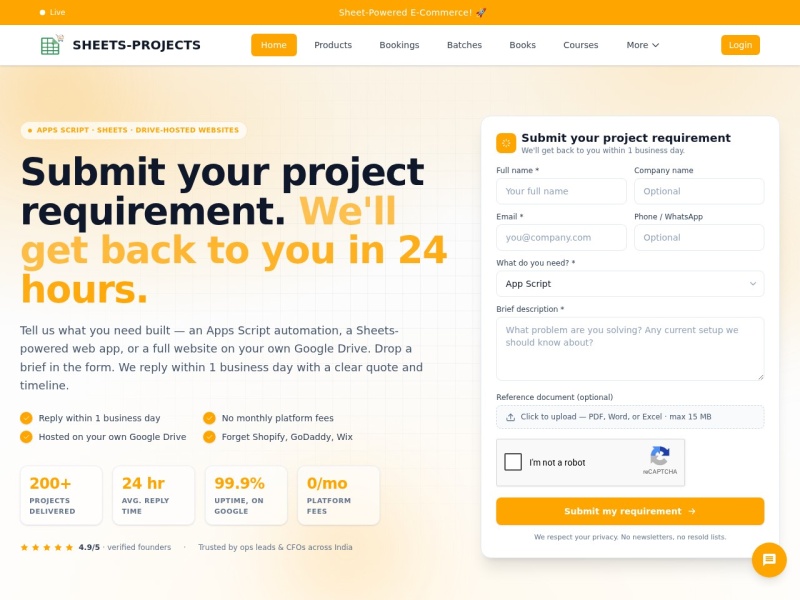Screenshot of the SheetsProjects web app